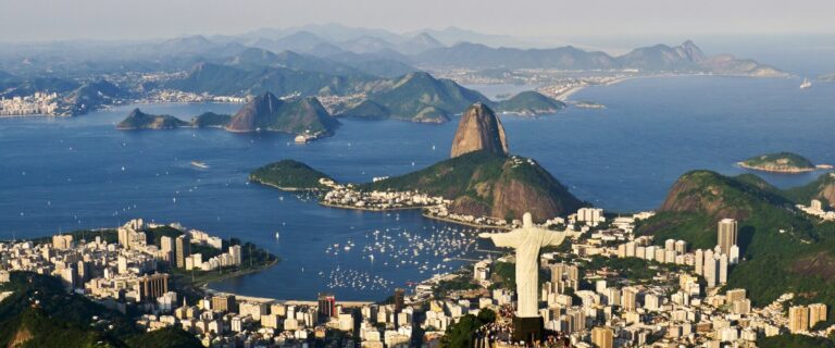 Aerial view of Rio de Janeiro with Christ the Redeemer and Sugarloaf Mountain